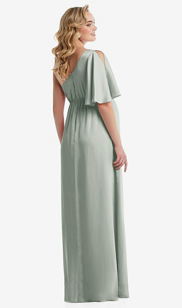 Back View - Willow Green One-Shoulder Flutter Sleeve Maternity Dress