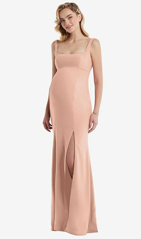 Front View - Pale Peach Wide Strap Square Neck Maternity Trumpet Gown
