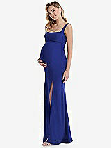 Side View Thumbnail - Cobalt Blue Wide Strap Square Neck Maternity Trumpet Gown