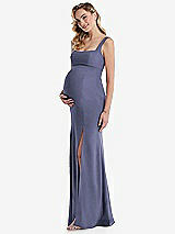 Side View Thumbnail - French Blue Wide Strap Square Neck Maternity Trumpet Gown
