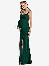 Side View Thumbnail - Hunter Green Wide Strap Square Neck Maternity Trumpet Gown