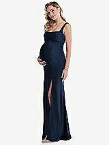 Side View Thumbnail - Midnight Navy Wide Strap Square Neck Maternity Trumpet Gown