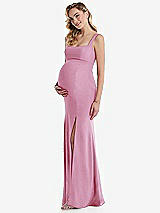 Side View Thumbnail - Powder Pink Wide Strap Square Neck Maternity Trumpet Gown