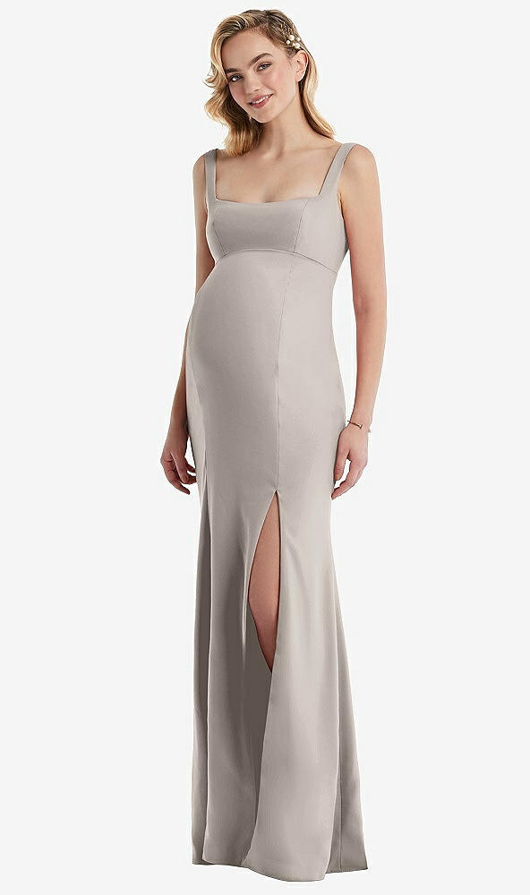 Front View - Taupe Wide Strap Square Neck Maternity Trumpet Gown