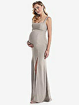 Side View Thumbnail - Taupe Wide Strap Square Neck Maternity Trumpet Gown