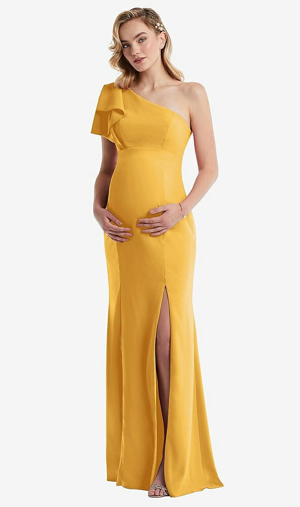 Front View - NYC Yellow One-Shoulder Ruffle Sleeve Maternity Trumpet Gown