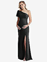 Front View Thumbnail - Black One-Shoulder Ruffle Sleeve Maternity Trumpet Gown