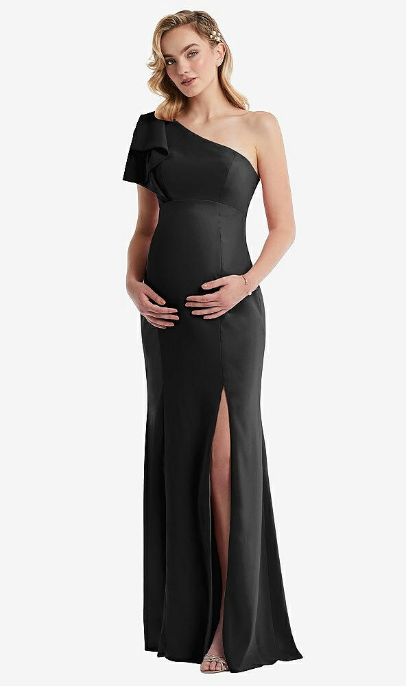 Front View - Black One-Shoulder Ruffle Sleeve Maternity Trumpet Gown