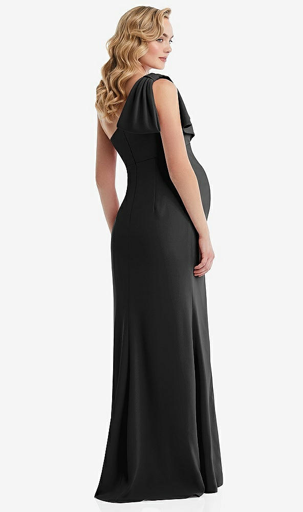 Back View - Black One-Shoulder Ruffle Sleeve Maternity Trumpet Gown