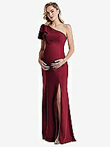 Front View Thumbnail - Burgundy One-Shoulder Ruffle Sleeve Maternity Trumpet Gown