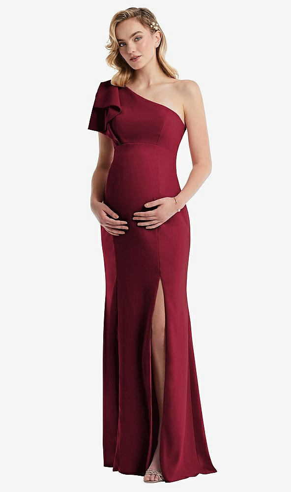 Front View - Burgundy One-Shoulder Ruffle Sleeve Maternity Trumpet Gown