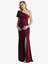 Front View Thumbnail - Cabernet One-Shoulder Ruffle Sleeve Maternity Trumpet Gown