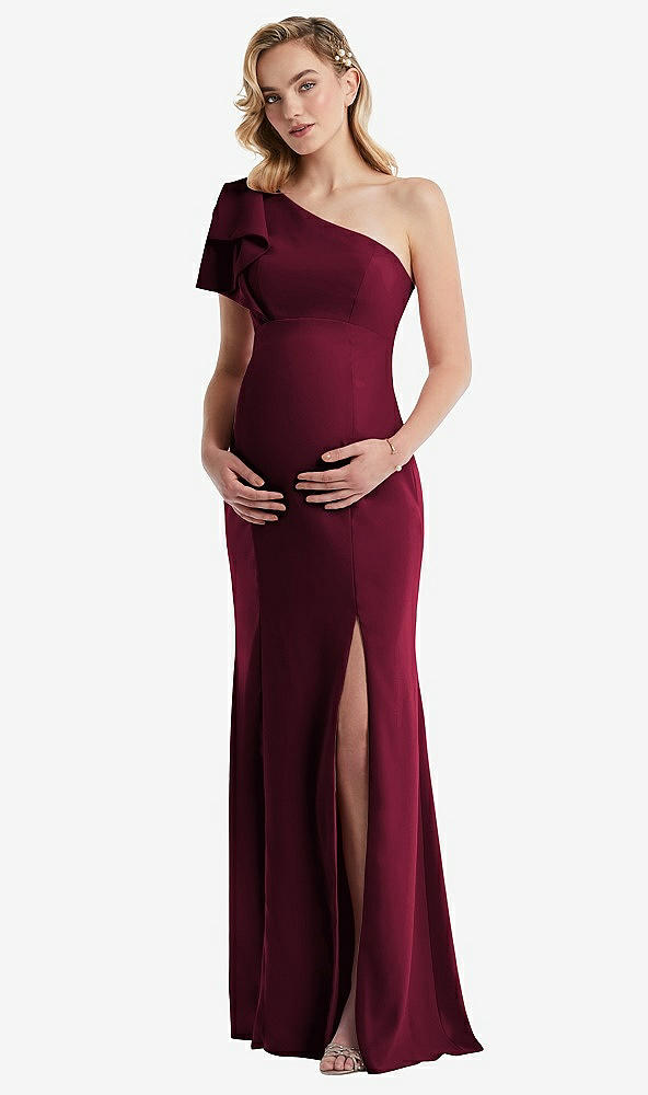 Front View - Cabernet One-Shoulder Ruffle Sleeve Maternity Trumpet Gown