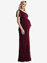 Side View Thumbnail - Cabernet One-Shoulder Ruffle Sleeve Maternity Trumpet Gown