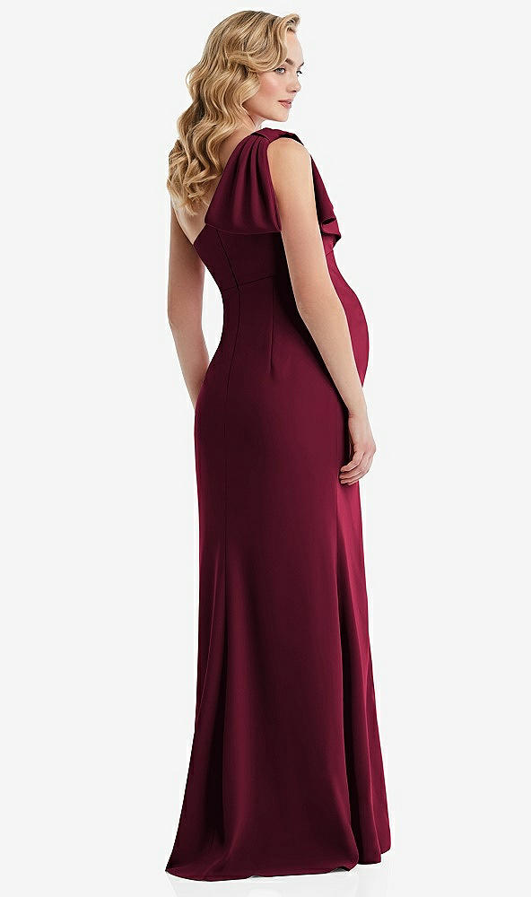 Back View - Cabernet One-Shoulder Ruffle Sleeve Maternity Trumpet Gown