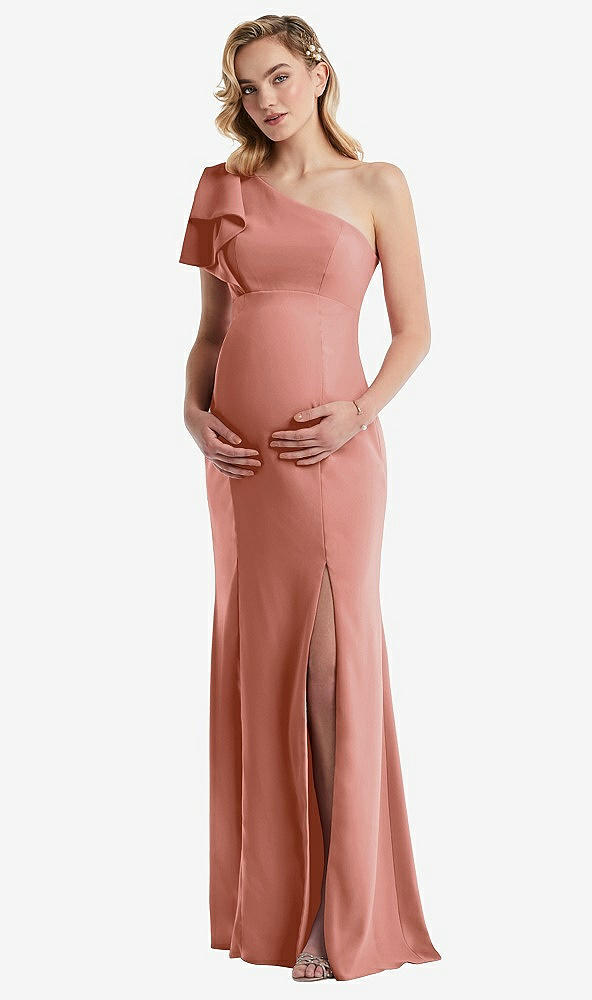 Front View - Desert Rose One-Shoulder Ruffle Sleeve Maternity Trumpet Gown