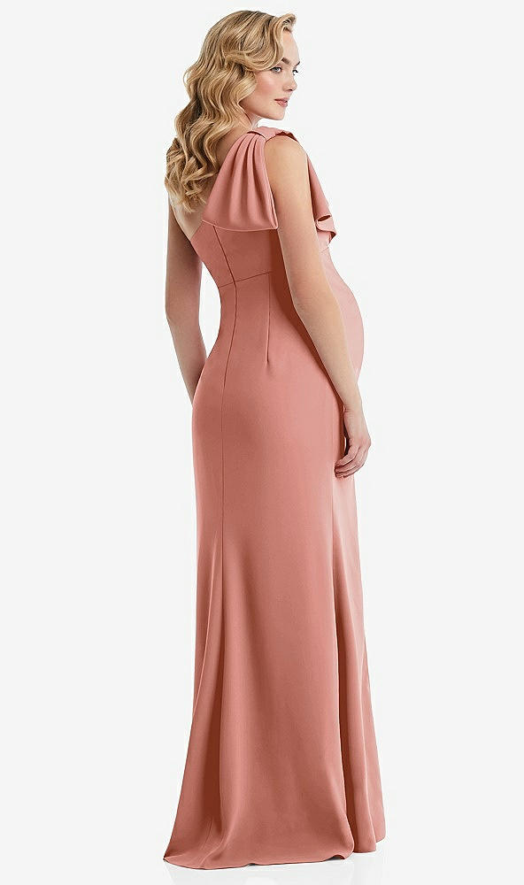 Back View - Desert Rose One-Shoulder Ruffle Sleeve Maternity Trumpet Gown