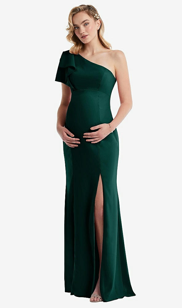 Front View - Evergreen One-Shoulder Ruffle Sleeve Maternity Trumpet Gown