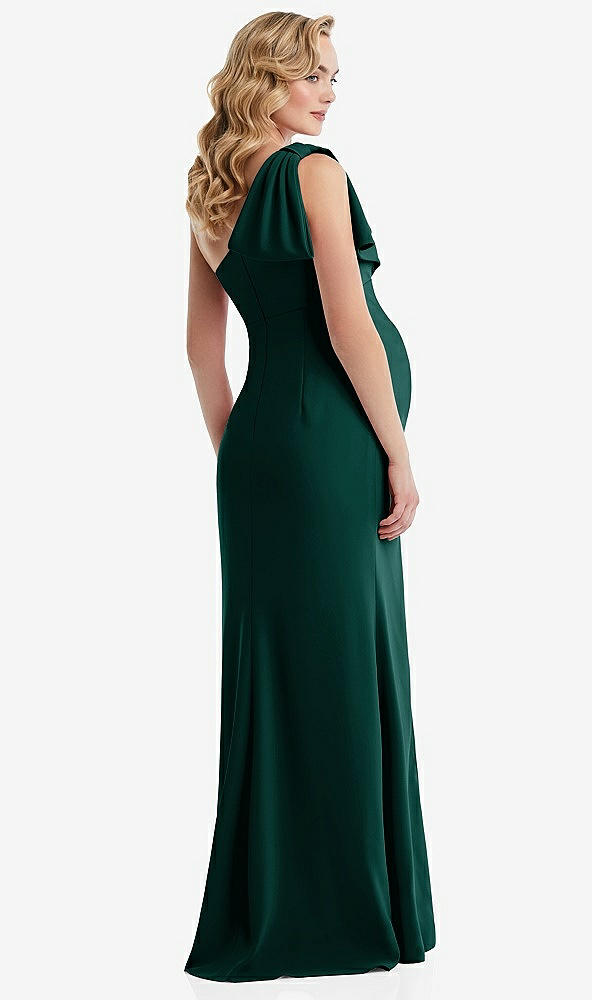 Back View - Evergreen One-Shoulder Ruffle Sleeve Maternity Trumpet Gown