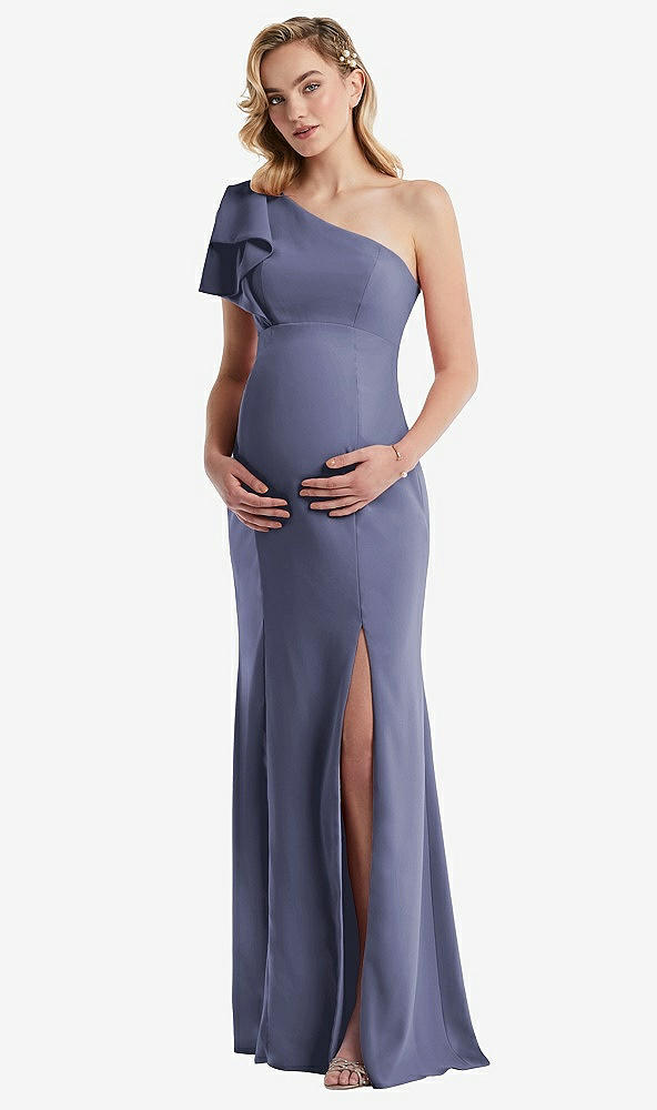 Front View - French Blue One-Shoulder Ruffle Sleeve Maternity Trumpet Gown