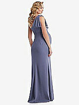 Rear View Thumbnail - French Blue One-Shoulder Ruffle Sleeve Maternity Trumpet Gown