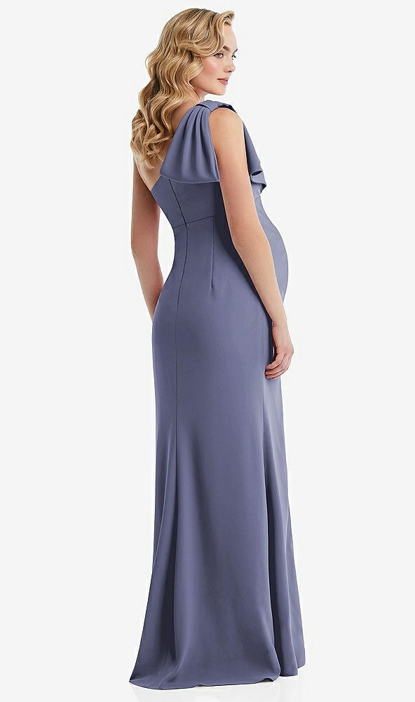 Back View - French Blue One-Shoulder Ruffle Sleeve Maternity Trumpet Gown