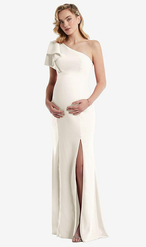 Front View - Ivory One-Shoulder Ruffle Sleeve Maternity Trumpet Gown