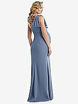 Rear View Thumbnail - Larkspur Blue One-Shoulder Ruffle Sleeve Maternity Trumpet Gown