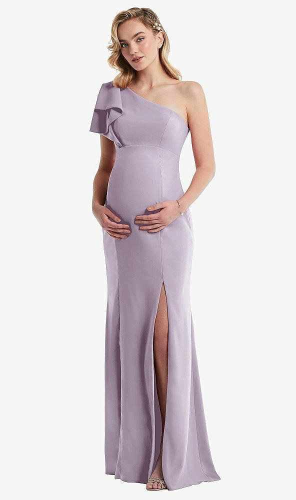 Front View - Lilac Haze One-Shoulder Ruffle Sleeve Maternity Trumpet Gown