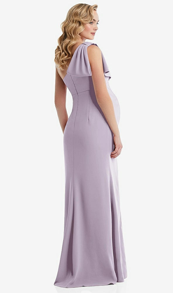 Back View - Lilac Haze One-Shoulder Ruffle Sleeve Maternity Trumpet Gown