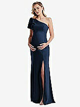 Front View Thumbnail - Midnight Navy One-Shoulder Ruffle Sleeve Maternity Trumpet Gown