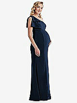 Side View Thumbnail - Midnight Navy One-Shoulder Ruffle Sleeve Maternity Trumpet Gown