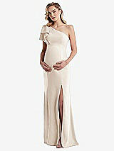 Front View Thumbnail - Oat One-Shoulder Ruffle Sleeve Maternity Trumpet Gown
