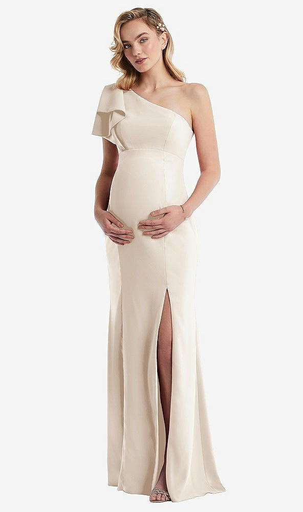 Front View - Oat One-Shoulder Ruffle Sleeve Maternity Trumpet Gown