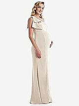 Side View Thumbnail - Oat One-Shoulder Ruffle Sleeve Maternity Trumpet Gown