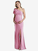 Front View Thumbnail - Powder Pink One-Shoulder Ruffle Sleeve Maternity Trumpet Gown