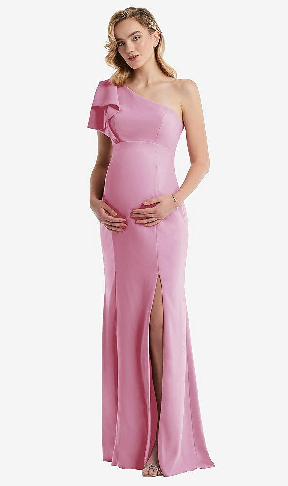 Front View - Powder Pink One-Shoulder Ruffle Sleeve Maternity Trumpet Gown
