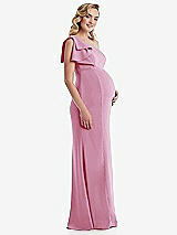 Side View Thumbnail - Powder Pink One-Shoulder Ruffle Sleeve Maternity Trumpet Gown