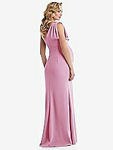 Rear View Thumbnail - Powder Pink One-Shoulder Ruffle Sleeve Maternity Trumpet Gown