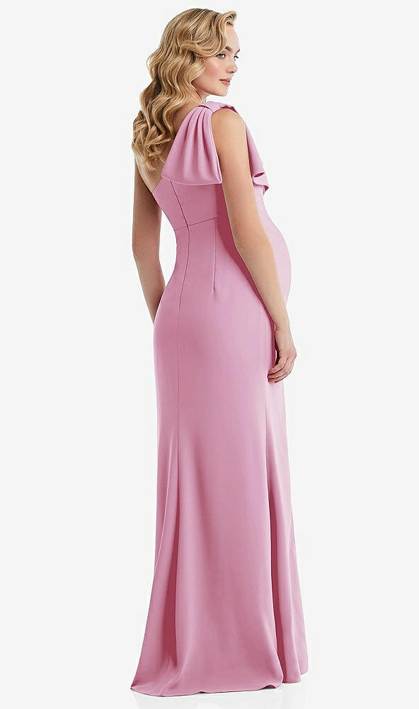 Back View - Powder Pink One-Shoulder Ruffle Sleeve Maternity Trumpet Gown