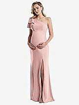 Front View Thumbnail - Rose - PANTONE Rose Quartz One-Shoulder Ruffle Sleeve Maternity Trumpet Gown