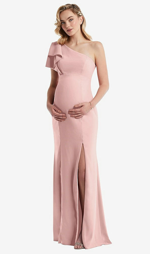 Front View - Rose - PANTONE Rose Quartz One-Shoulder Ruffle Sleeve Maternity Trumpet Gown