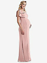 Side View Thumbnail - Rose - PANTONE Rose Quartz One-Shoulder Ruffle Sleeve Maternity Trumpet Gown