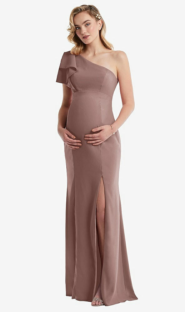 Front View - Sienna One-Shoulder Ruffle Sleeve Maternity Trumpet Gown