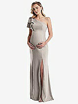 Front View Thumbnail - Taupe One-Shoulder Ruffle Sleeve Maternity Trumpet Gown