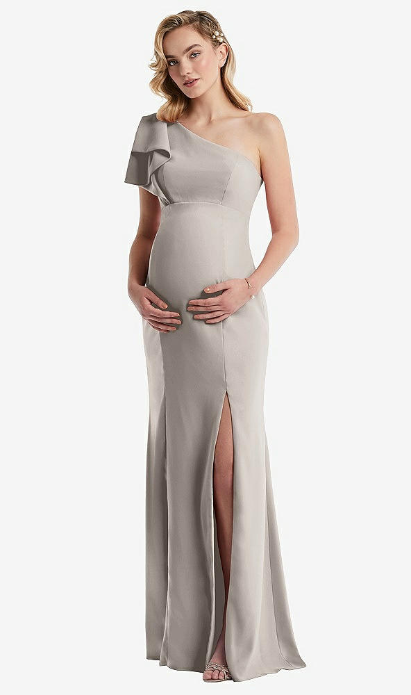 Front View - Taupe One-Shoulder Ruffle Sleeve Maternity Trumpet Gown