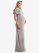 Side View Thumbnail - Taupe One-Shoulder Ruffle Sleeve Maternity Trumpet Gown