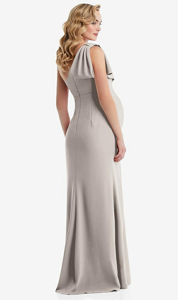 Back View - Taupe One-Shoulder Ruffle Sleeve Maternity Trumpet Gown