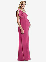 Side View Thumbnail - Tea Rose One-Shoulder Ruffle Sleeve Maternity Trumpet Gown