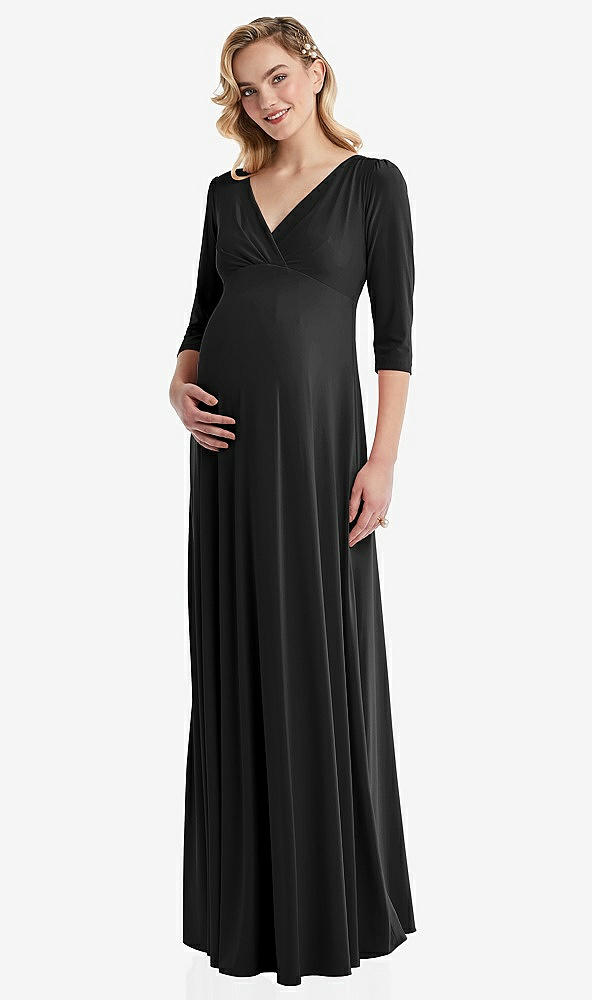 Front View - Black 3/4 Sleeve Wrap Bodice Maternity Dress